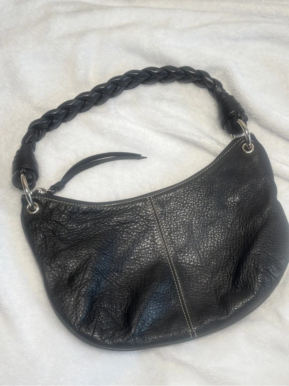 Vintage Lauren Ralph Lauren Black Pebbled Leather Braided-Handle Shoulder Bag - Picture 1 of 8